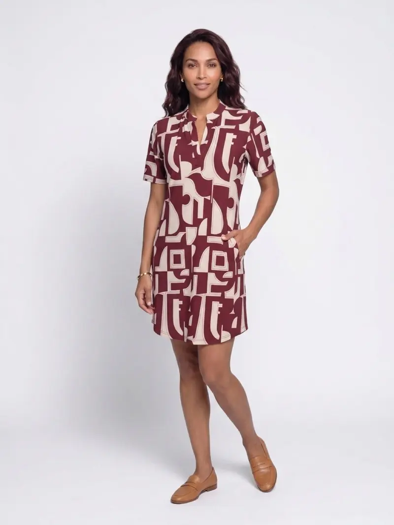Angelle Milan-Jurk 1467-Abstracte Print Bordeaux/Beige