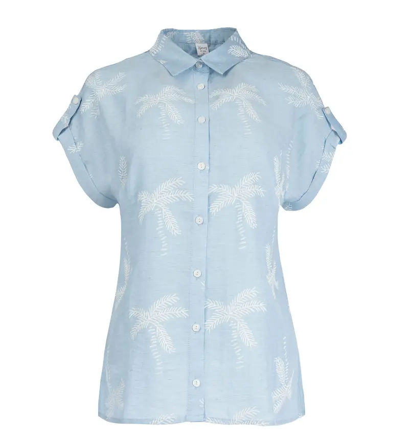 Annelie Top SS Blue Puff Print Palmtree Woven | Blue