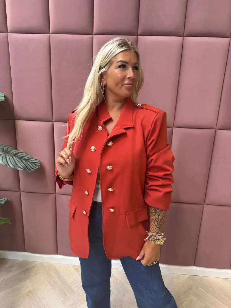 Blazer ophaalmouwen sierknopen koraalrood