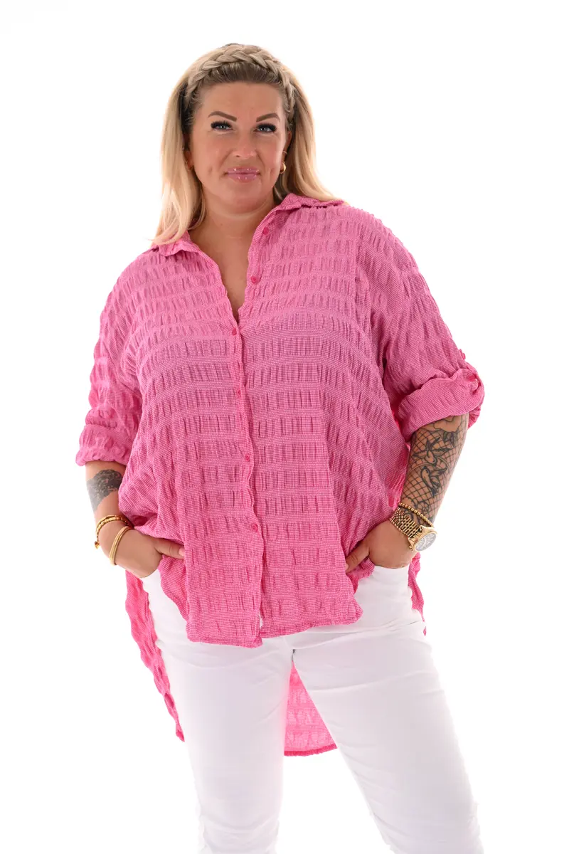 Blouse doorknoop gesmockt ophaalmouwen donkerroze