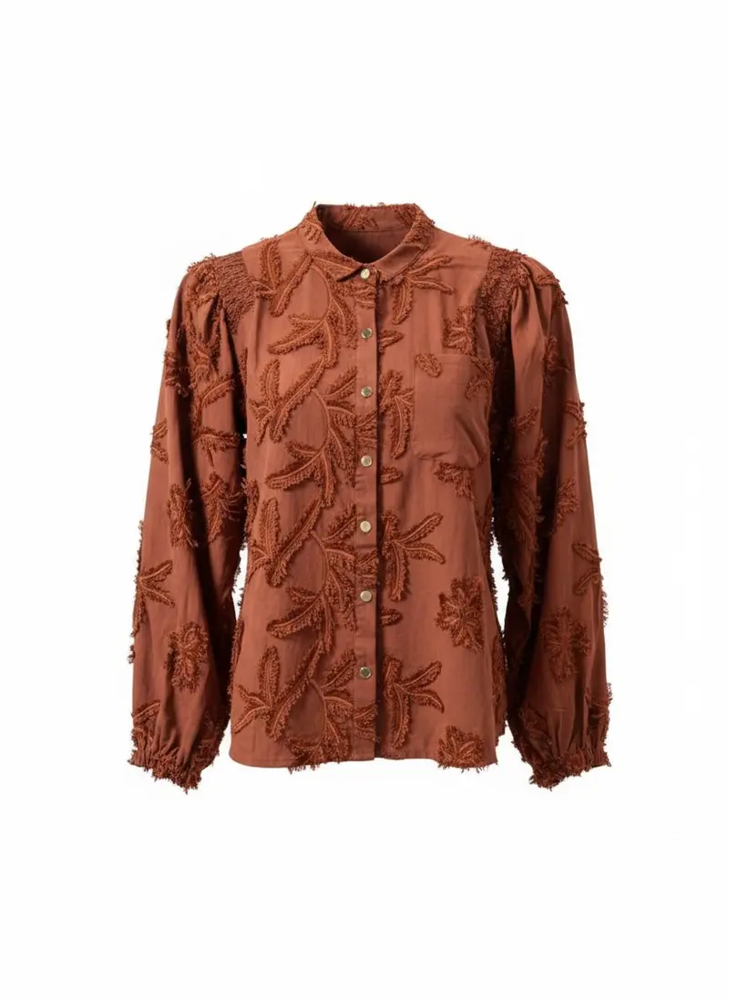 Blouse Job LS Leaves Embroidery | Brandy Brown