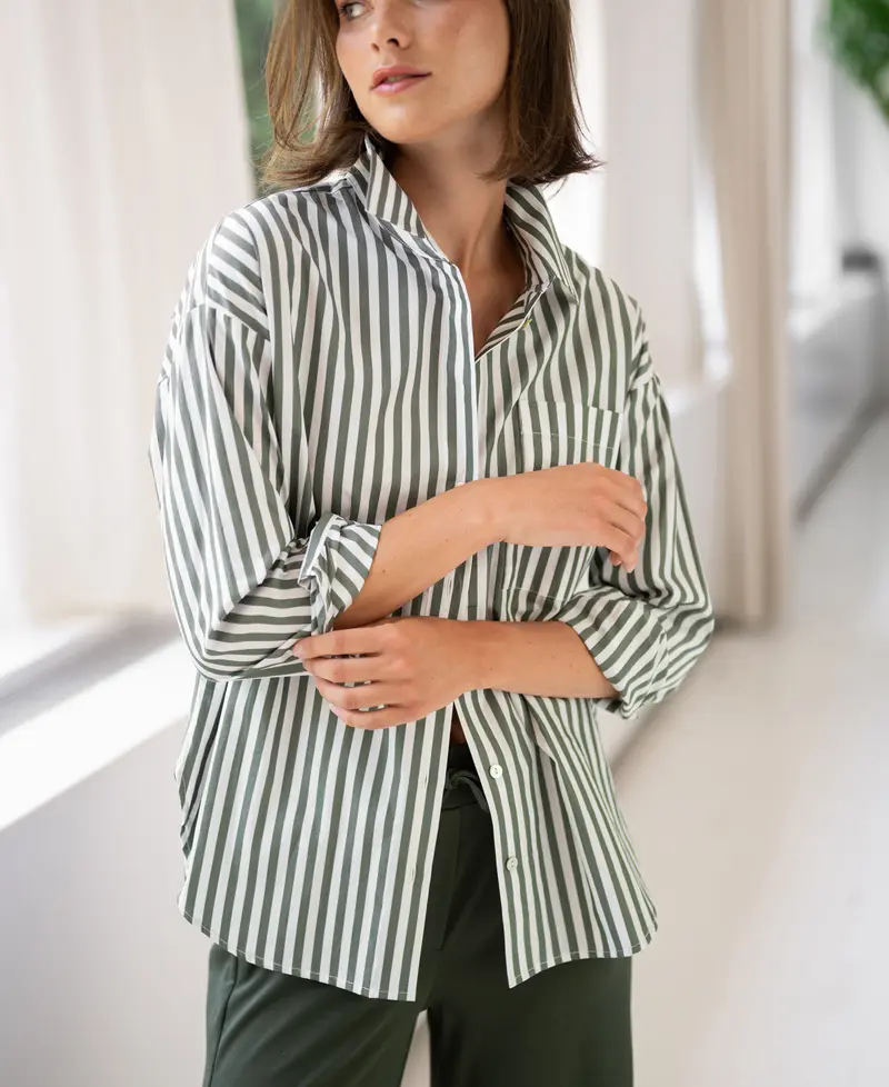 Blouse LA PASCALLE Wit-Olijfgroen gestreept