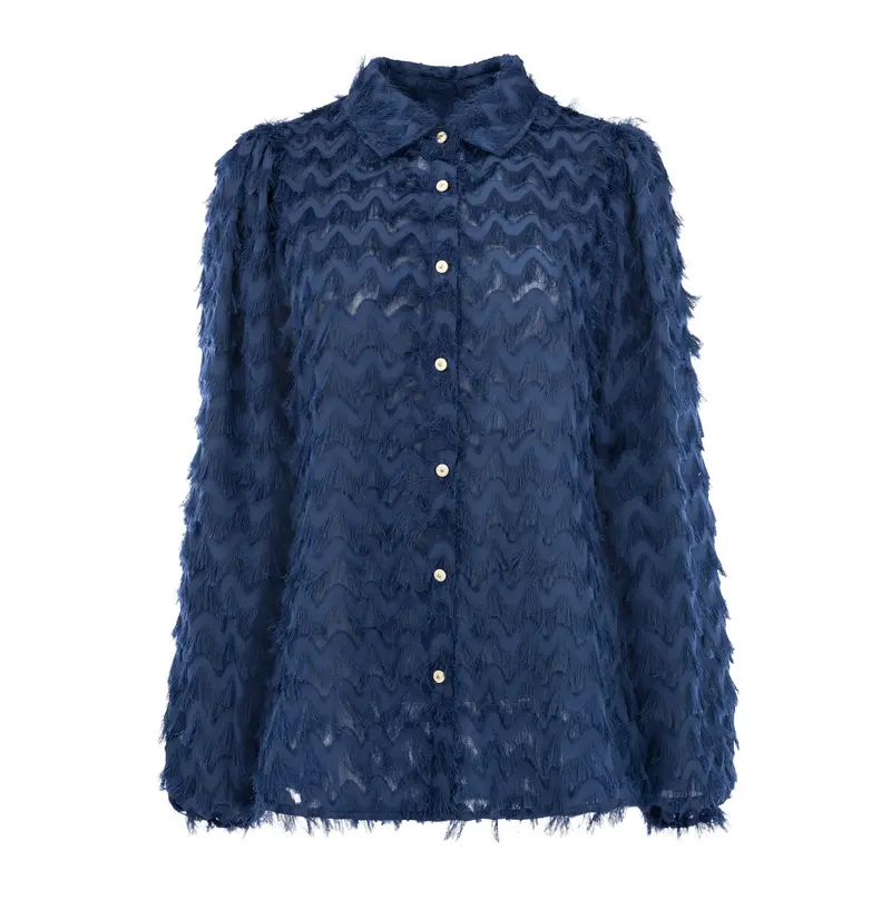 Blouse Mayliera LS-RMJ Chevron Chiffon Fringe | Bijou Blue