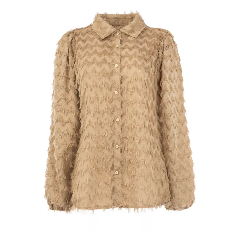 Blouse Mayliera LS-RMJ Chevron Chiffon Fringe | Tan