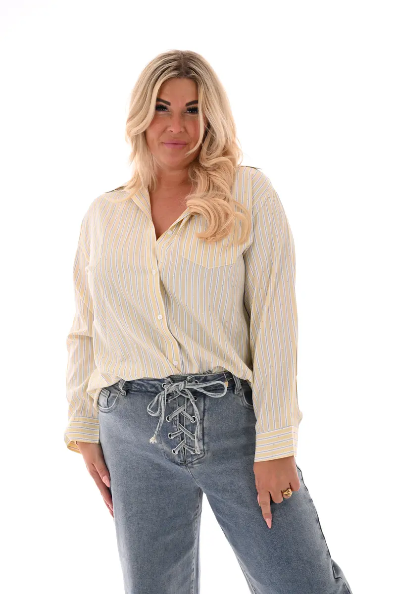 Blouse strepen strass lichtgeel