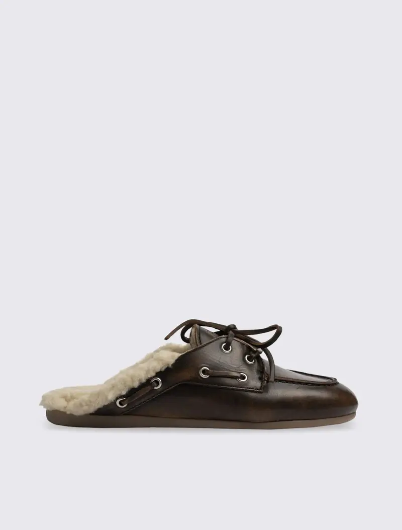 Boat Loafer Mule Fur Brushed Leather