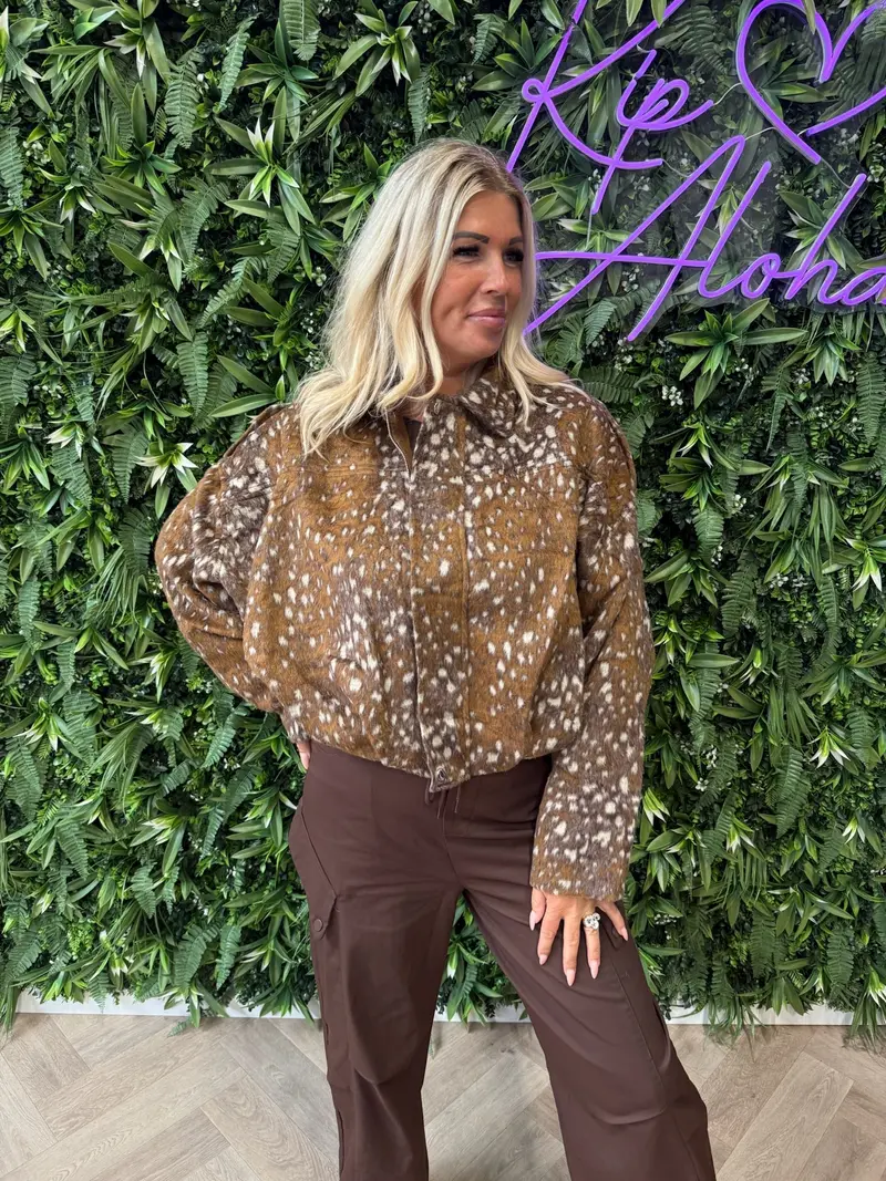Bomber jasje bambi print camel