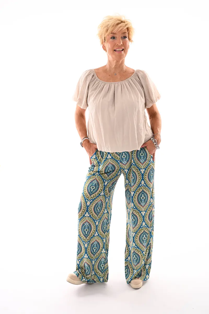 Broek met print damast petrol