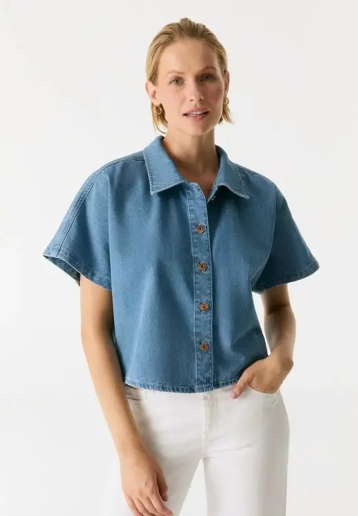 CUP OF JOE DENIM blouse korte mouw