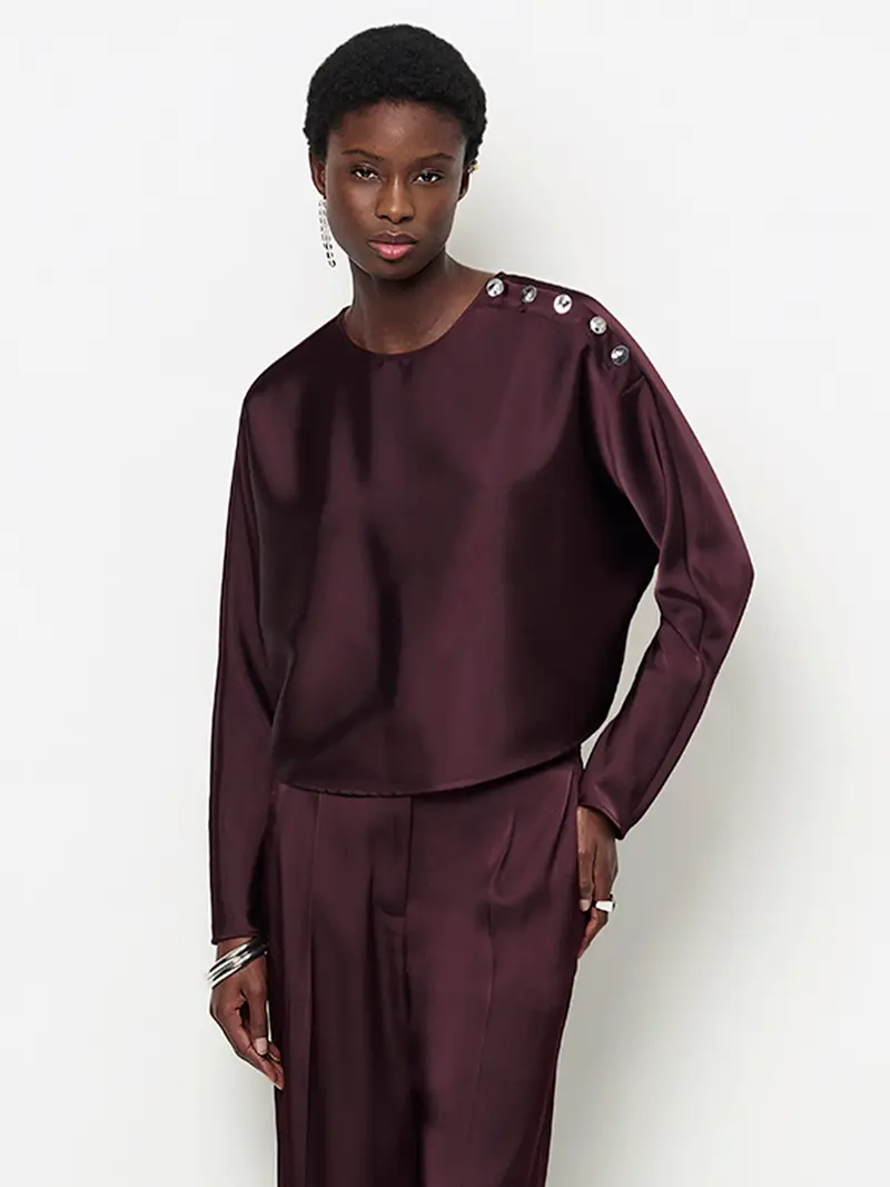 Dante6 Leiva bold satin button detail top