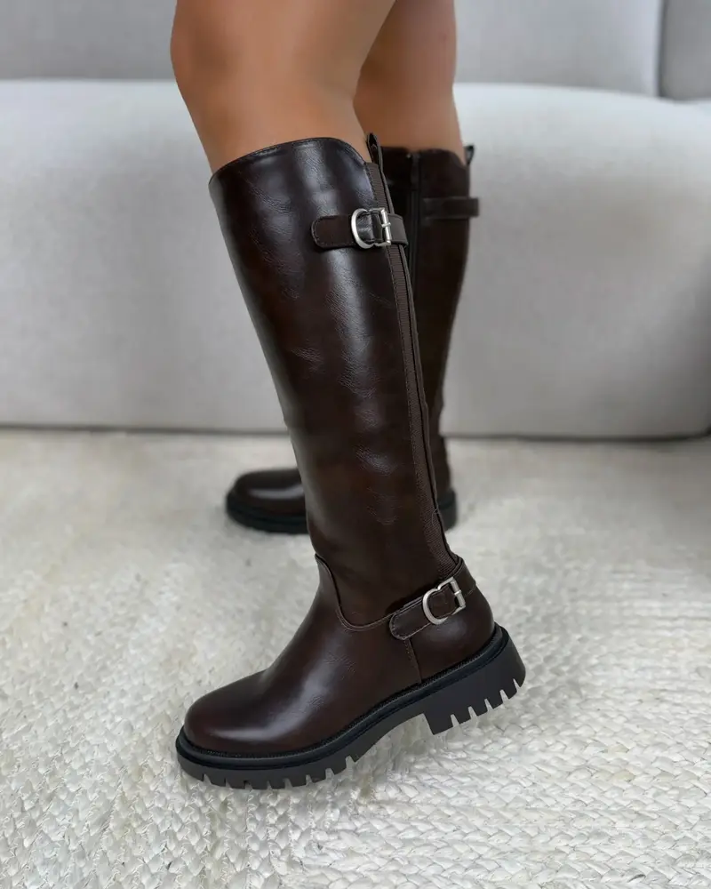 Double Buckle Stretch Boots - Bruin