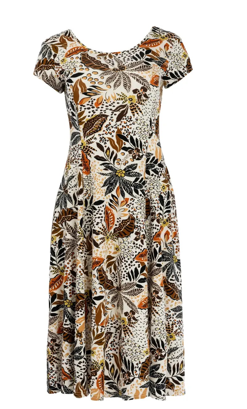 Evy SS Long Cognac Mixed Palm Trees Tricot | Cognac
