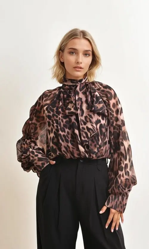 Feelkoo blouse met strikkraag leopard