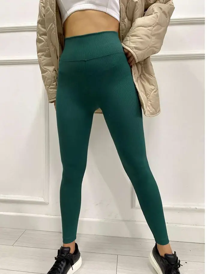 Geribbelde legging High waist | Leger Groen