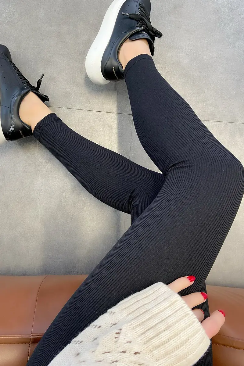 Geribbelde Legging High Waist met fleece | Zwart