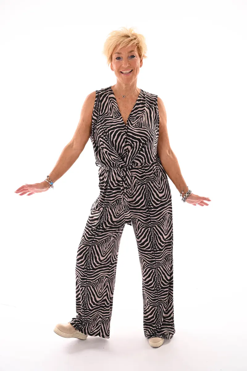 Jumpsuit v-hals print zebra zwart/beige