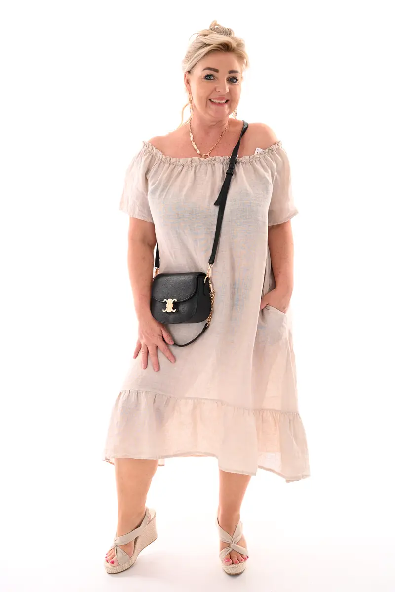 Jurk gesmockte randen korte mouwen uni beige