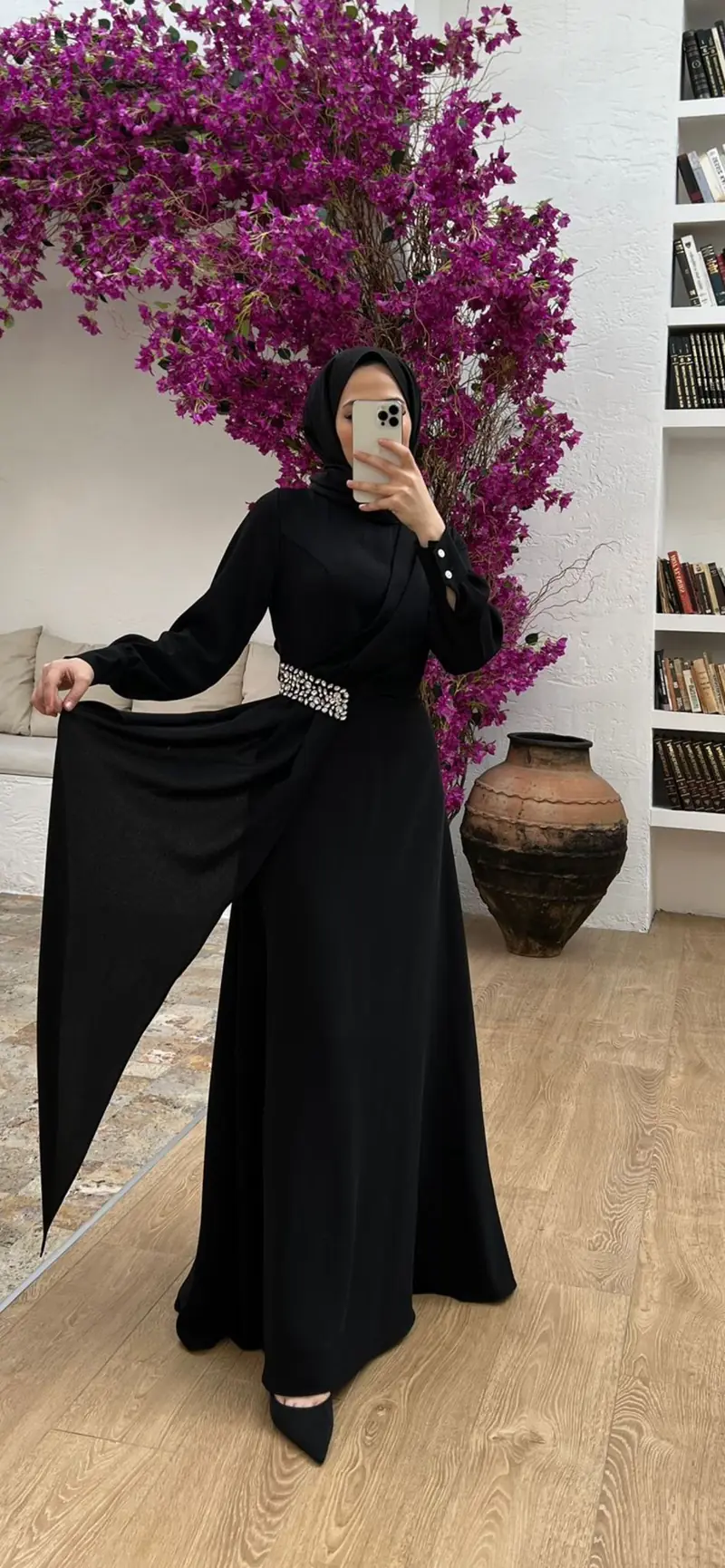Jurk met riem lang feestjurk Crepe | Zwart