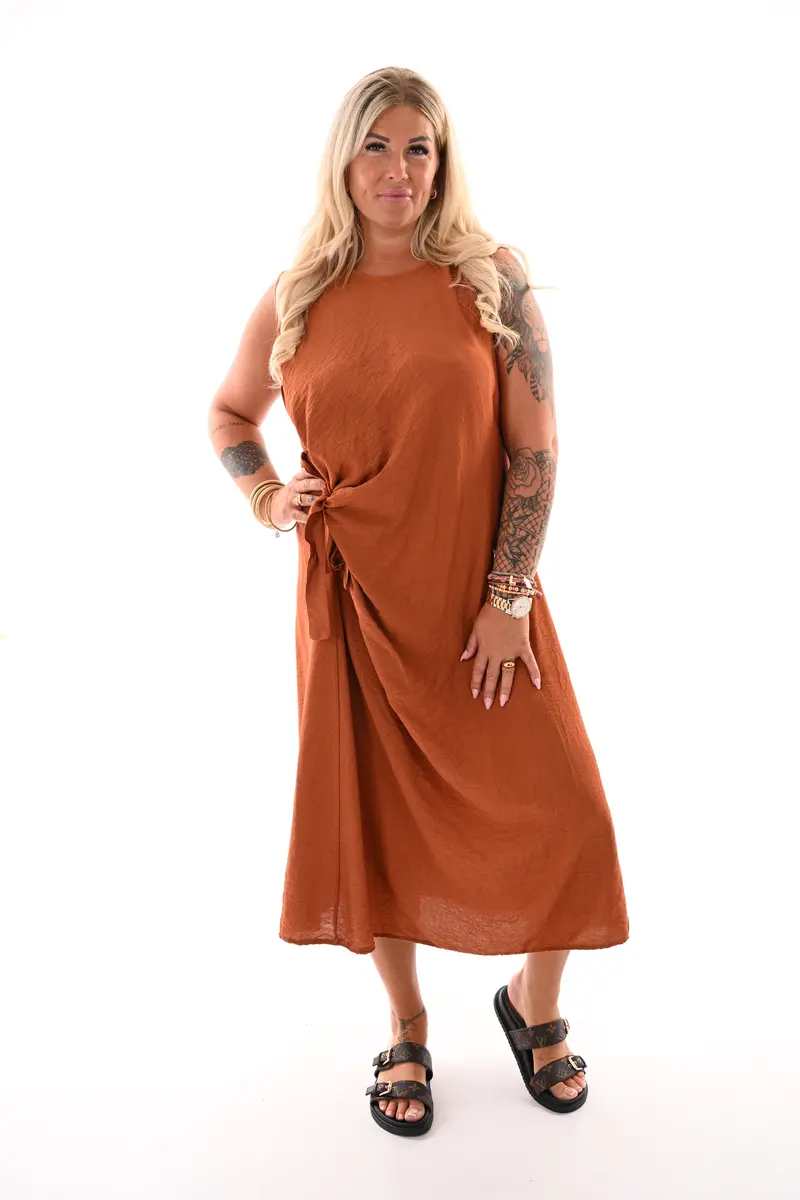 Jurk mouwloos knoop detail brique