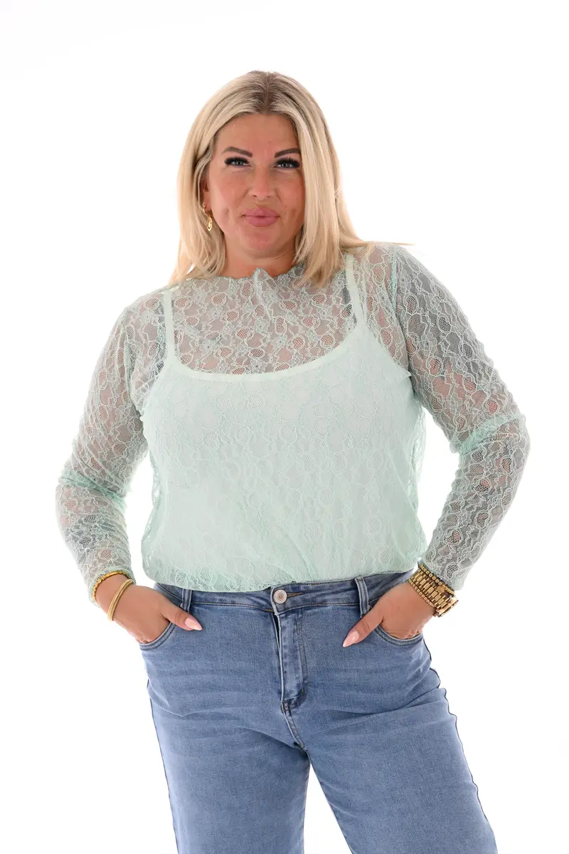 Kanten top ronde hals turquoise