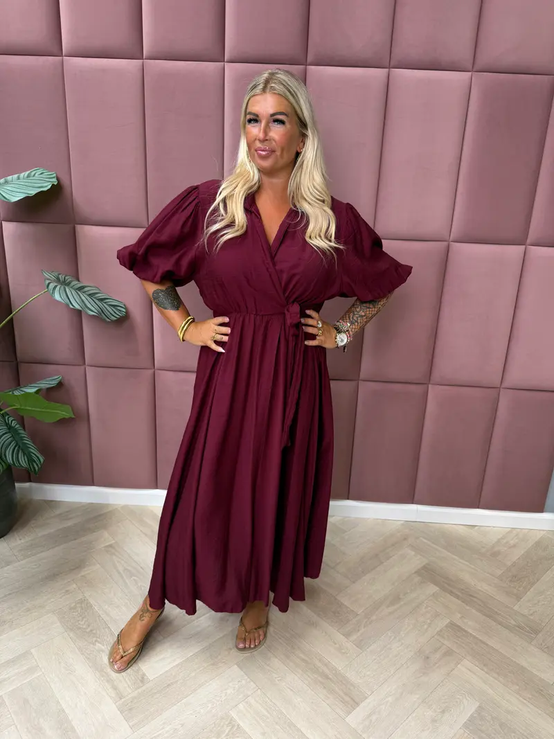 Lange overslag jurk korte pofmouwen bordeaux