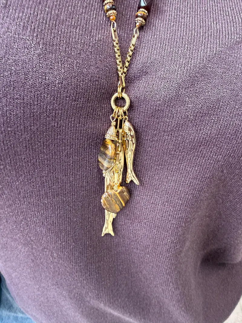 Lange stainless steel ketting met visjes goud