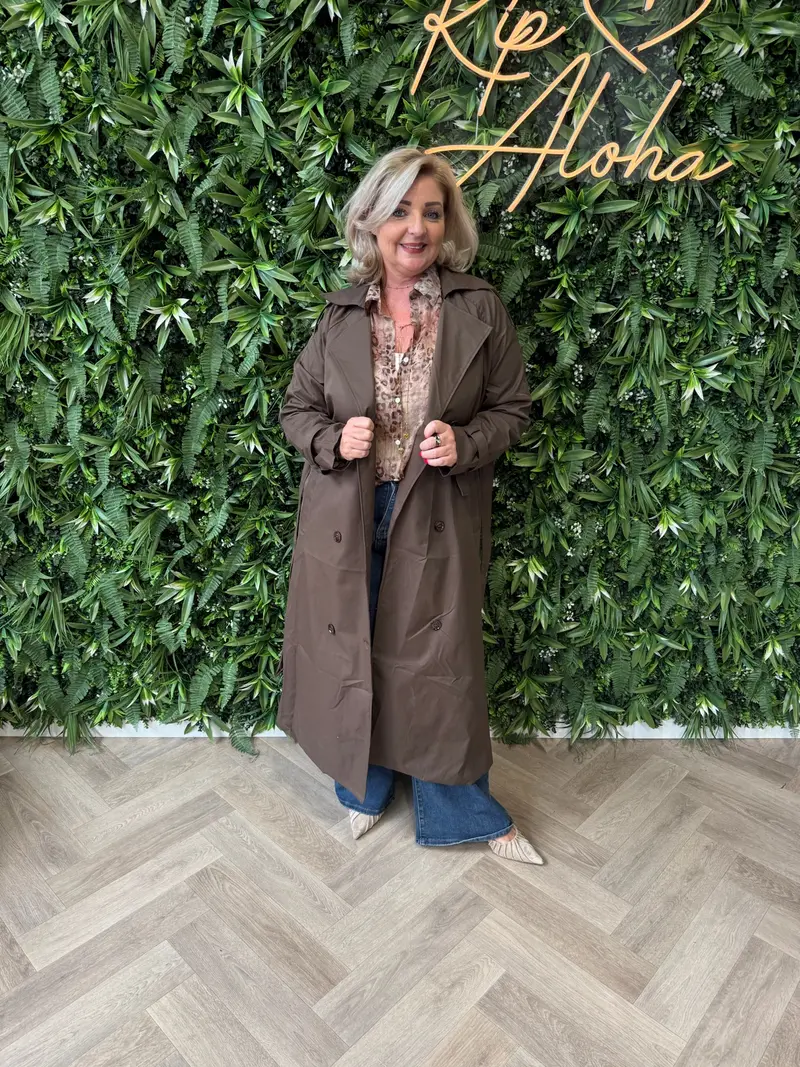 Lange trenchcoat donkerbruin