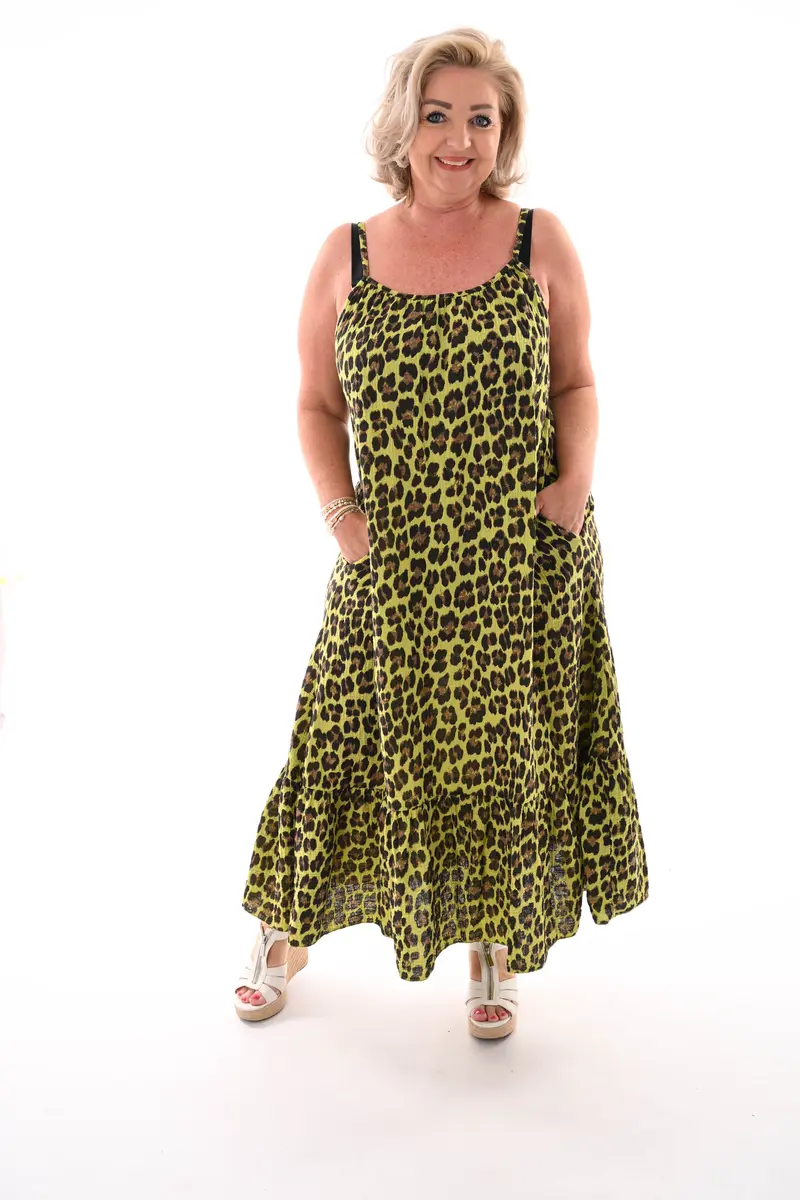 Lange wafel jurk smalle bandjes panterprint lime