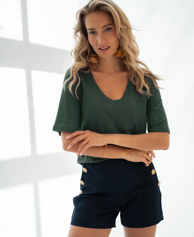 Linnen T-shirt LA DOMI Mistgroen
