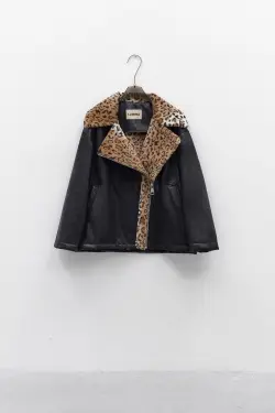 Lumina vegan leather jas leopard - Zwart