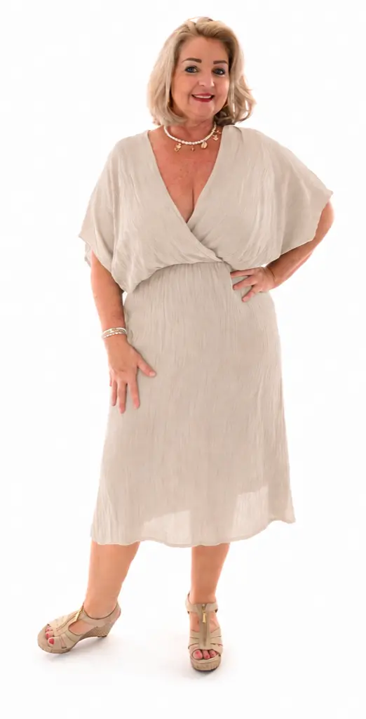 Midi jurk v-hals overslag uni beige