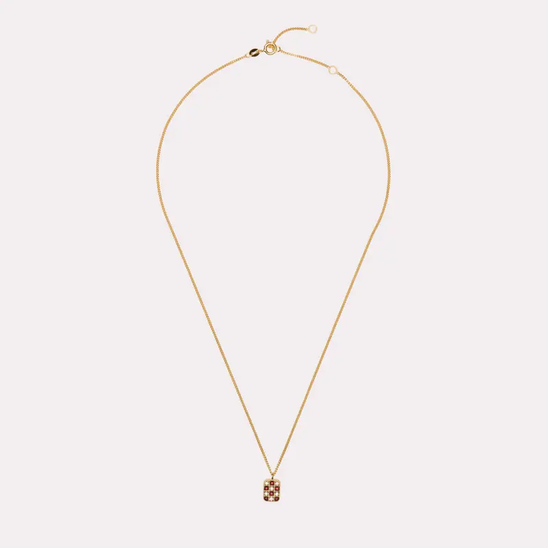 Necklace with ruby and diamond chessboard pendant, 18 ct. gold