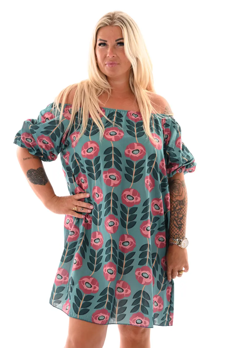 Off-shoulder jurk korte pofmouwen bloemen turquoise/mauve