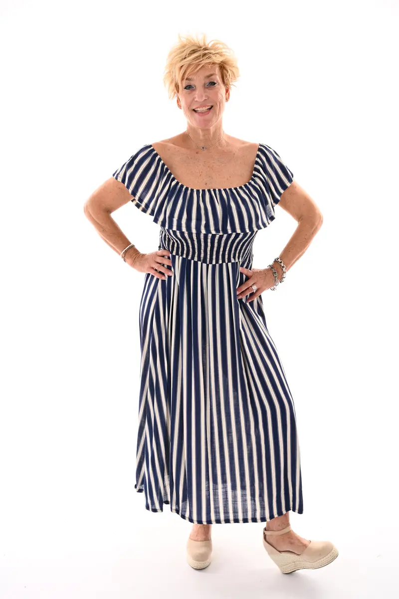Off-shoulder jurk strepen marineblauw