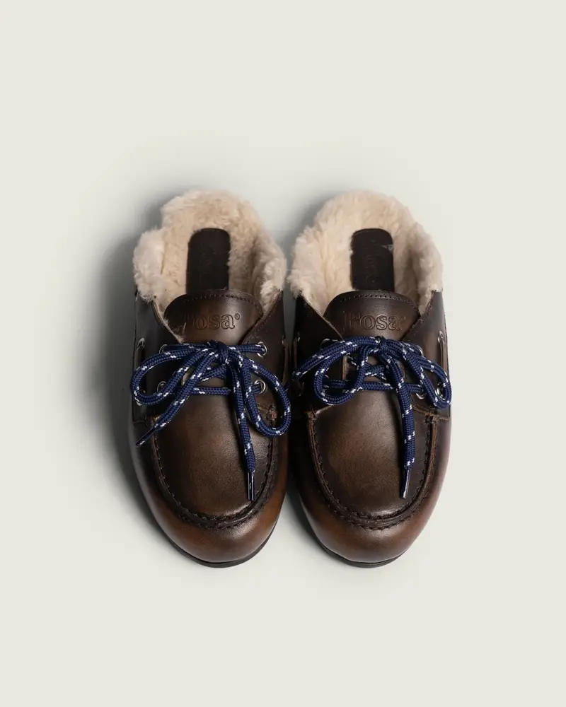 Posa | Boat Loafer Mule Fur Brushed Leather Coffee