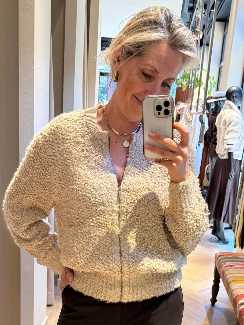 Red Button Bomber Knit Boucle Latte