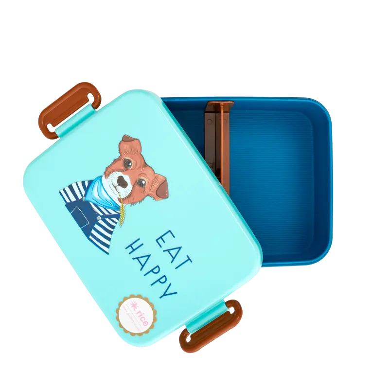 Rice Large Lunchbox With Divider Farm Animals Print Blue