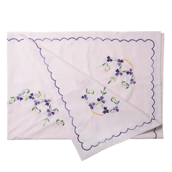 Rice Rectangular Soft Pink Tablecloth With Hand Embroidered Flowers