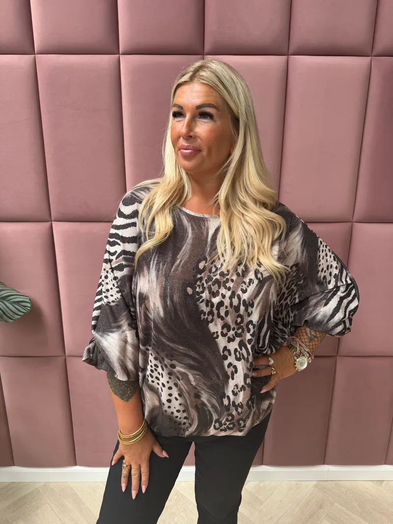 Shirt 3/4e mouwen swirl en panter bruin