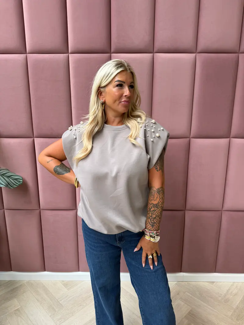 Shirt kapmouwen parels taupe
