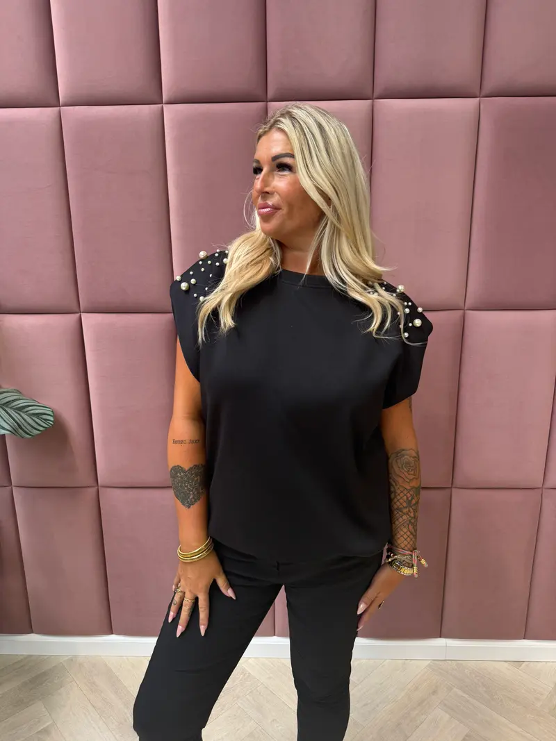 Shirt kapmouwen parels zwart