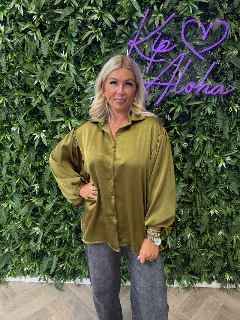 Silky blouse pofmouwen olijfgroen