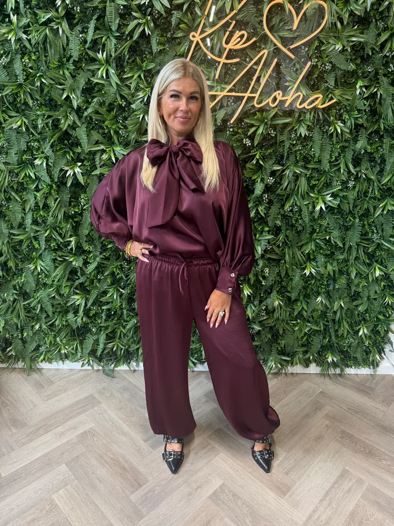 Silky blouse v-hals met strik aubergine