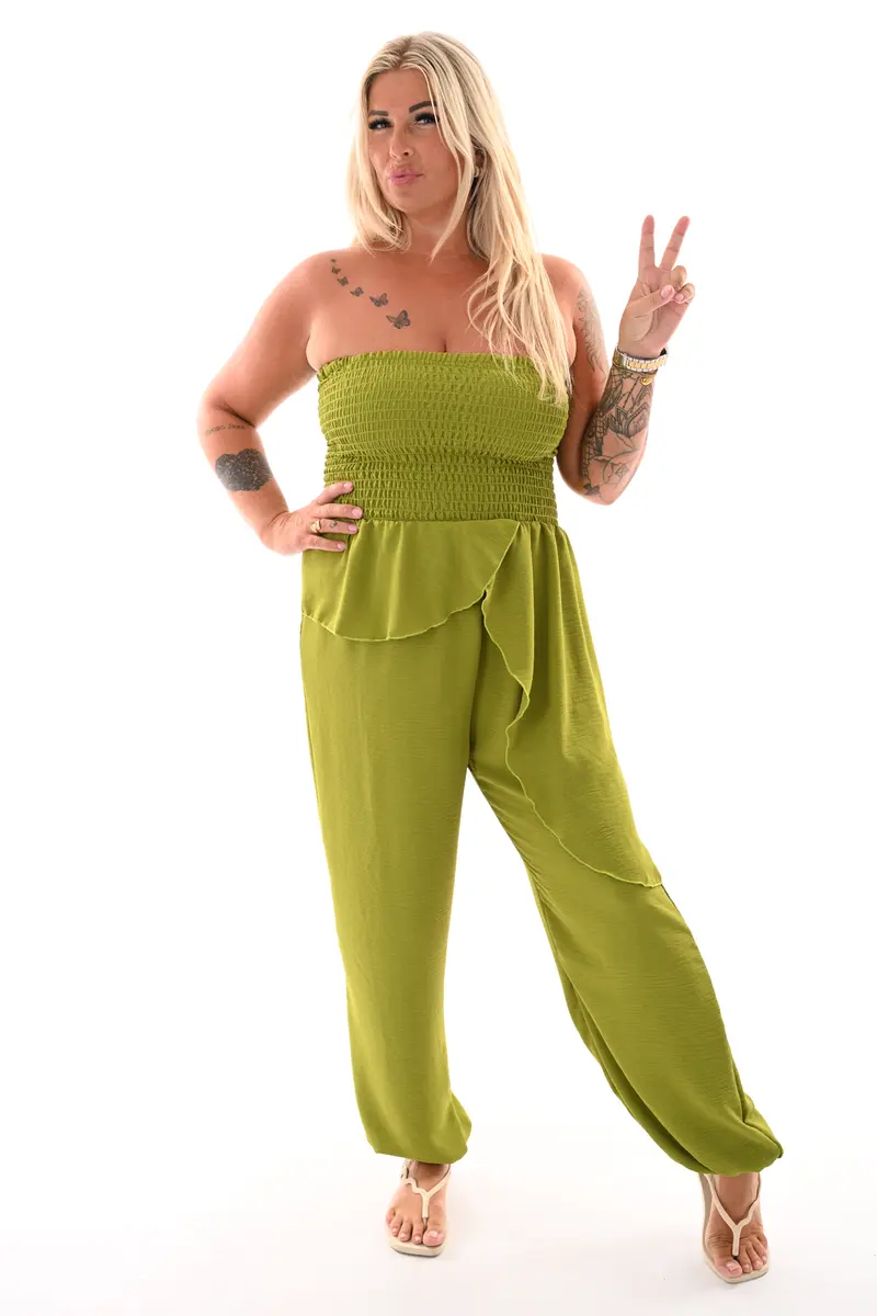 Strapless jumpsuit ruffle lime