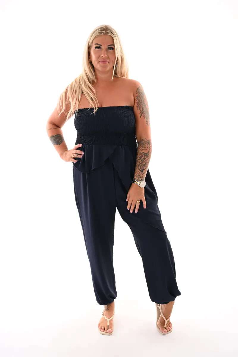 Strapless jumpsuit ruffle marineblauw