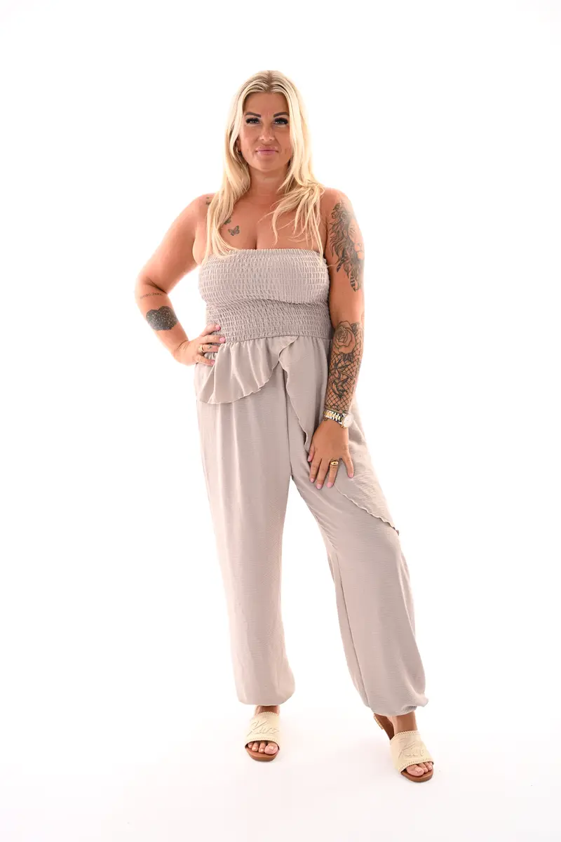 Strapless jumpsuit ruffle taupe