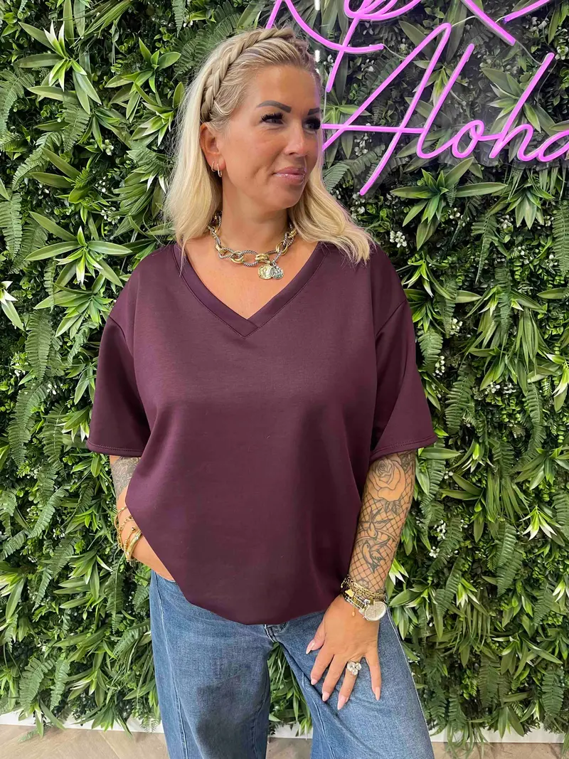 Sweater korte mouwen v-hals aubergine
