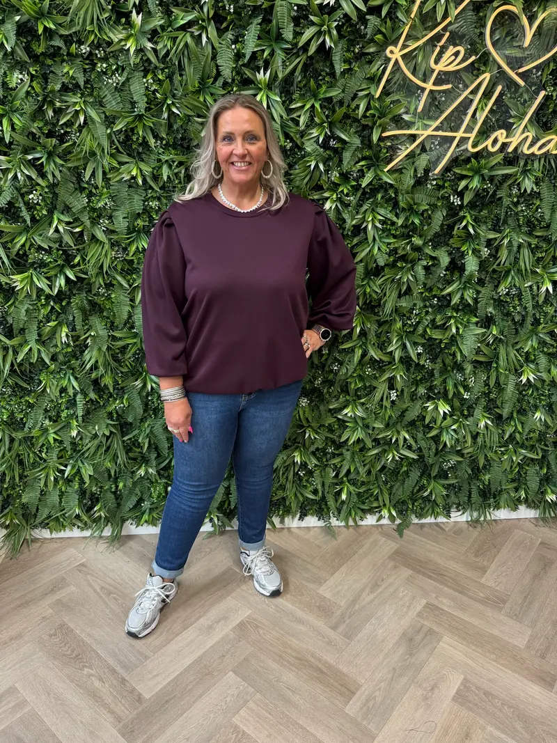 Sweater lange pofmouwen uni aubergine