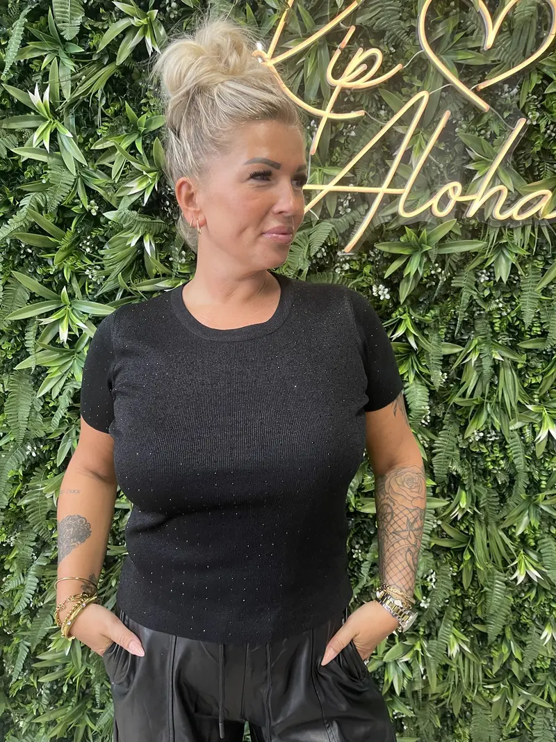 Top korte mouwen strass zwart