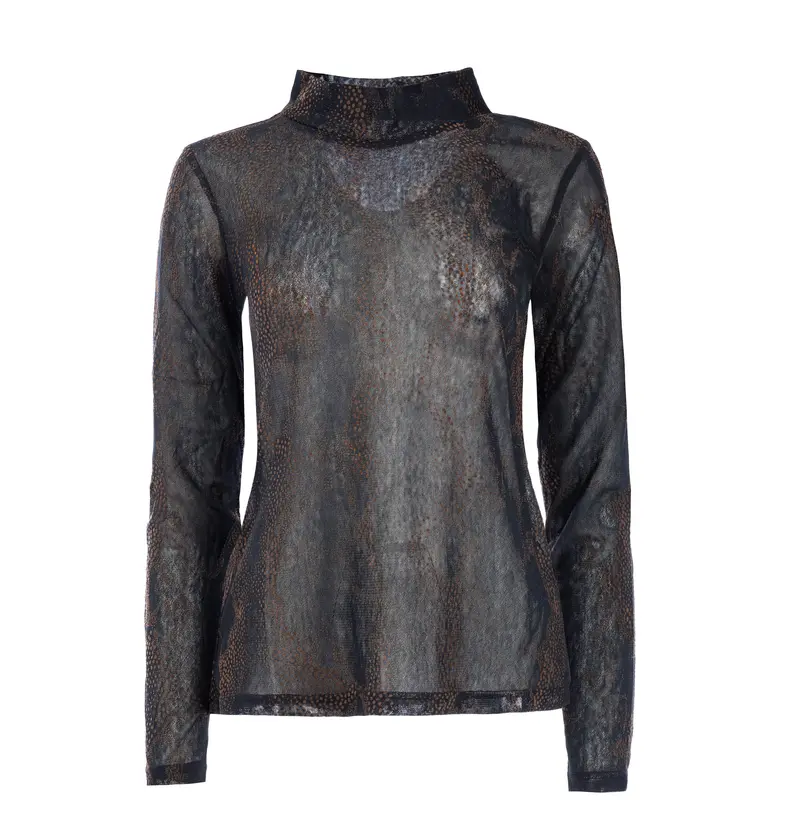 Top Milans Plain LS Black Snake Print Mesh | Black